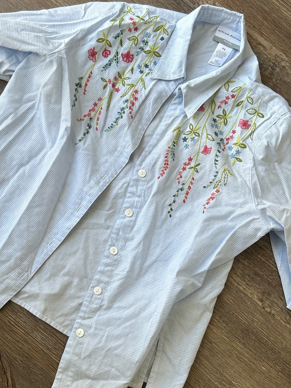 Alfred Dunner Light Blue Striped Button-Down with Floral Embroidery